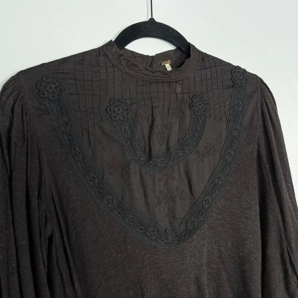 Free People XSmall Dark Gray Femme Fatale Bell Sleeve Top Embroidered Open Back